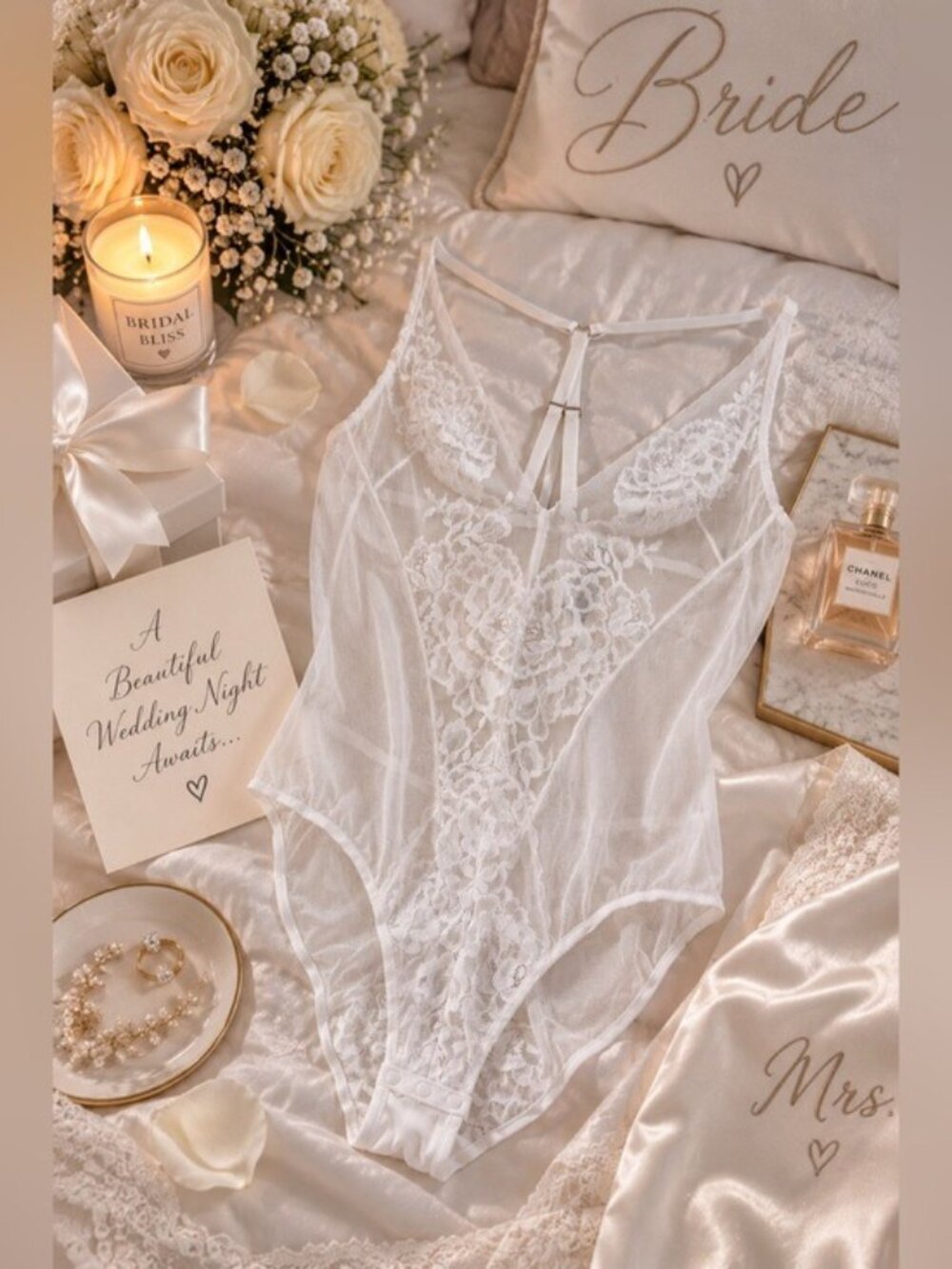 Natori White Floral Lace Sheer Mesh Bodysuit L Bridal Coquette Lingerie